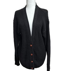 Vtg Mixed Blues Cardigan Sweater Women M Chunky Knit Oversized Preppy Y2K Grunge